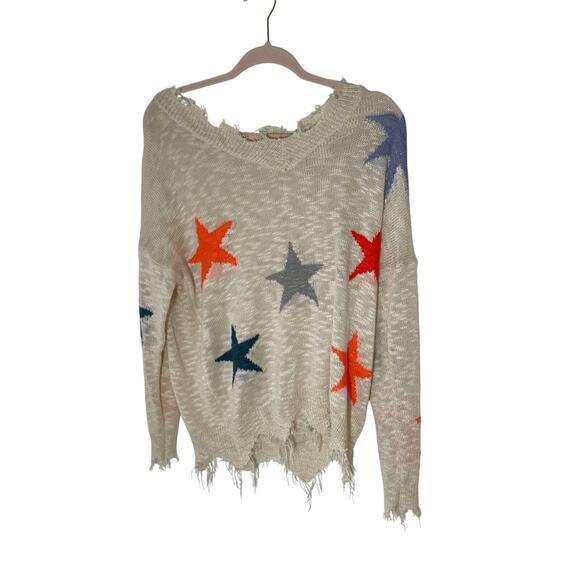 Main Strip Star Distressed Sweater Scoopneck Preppy Teacher Funky Oversized M - Picture 2 of 5